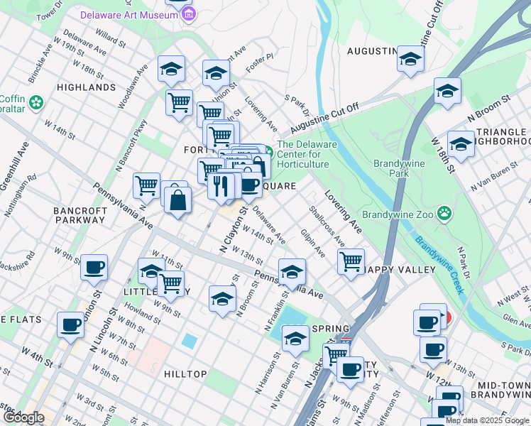 map of restaurants, bars, coffee shops, grocery stores, and more near 1500 Delaware Avenue in Wilmington
