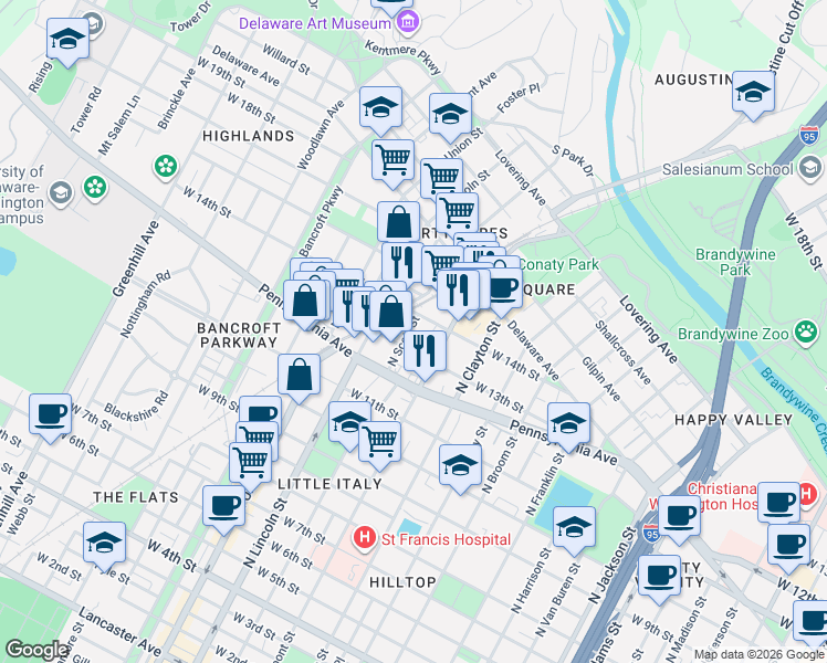 map of restaurants, bars, coffee shops, grocery stores, and more near 1207 North Scott Street in Wilmington