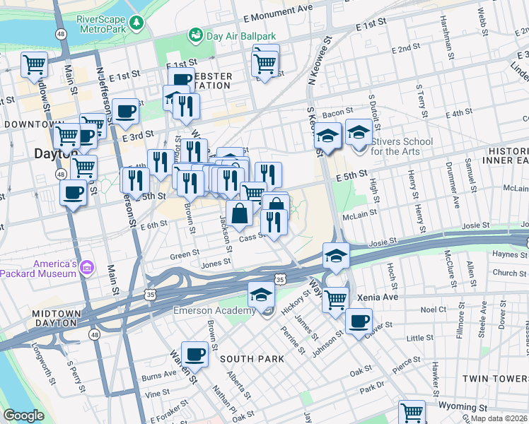 map of restaurants, bars, coffee shops, grocery stores, and more near 400 Wayne Avenue in Dayton