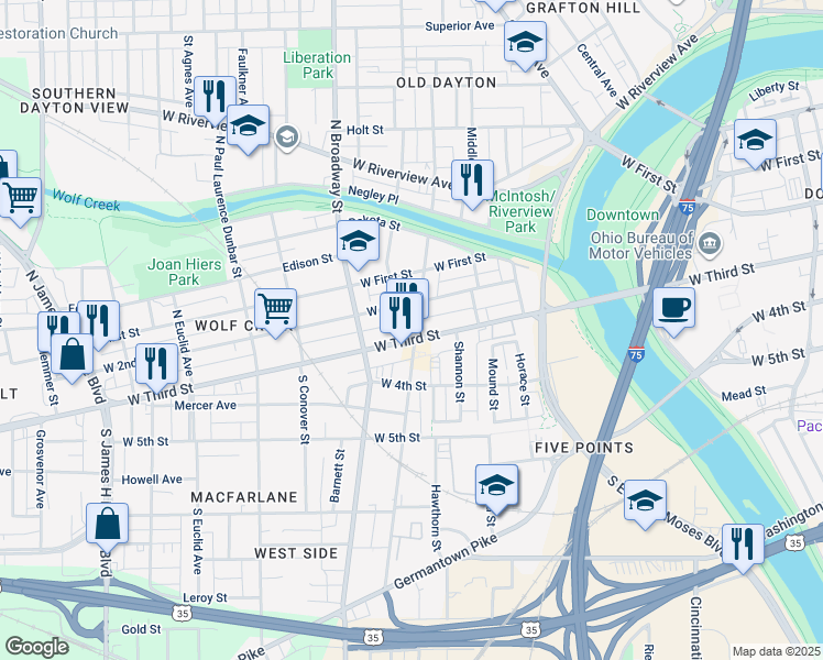 map of restaurants, bars, coffee shops, grocery stores, and more near 16 South Williams Street in Dayton