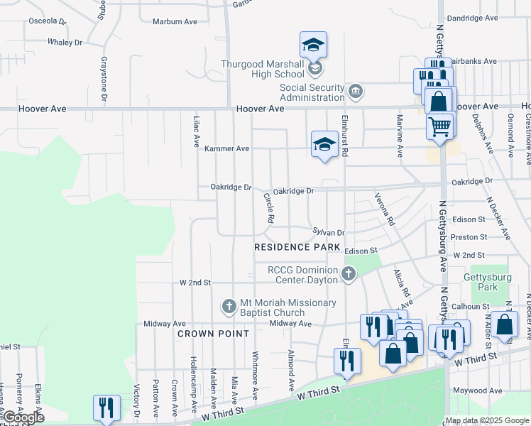 map of restaurants, bars, coffee shops, grocery stores, and more near 601 Dayton Road in Springfield