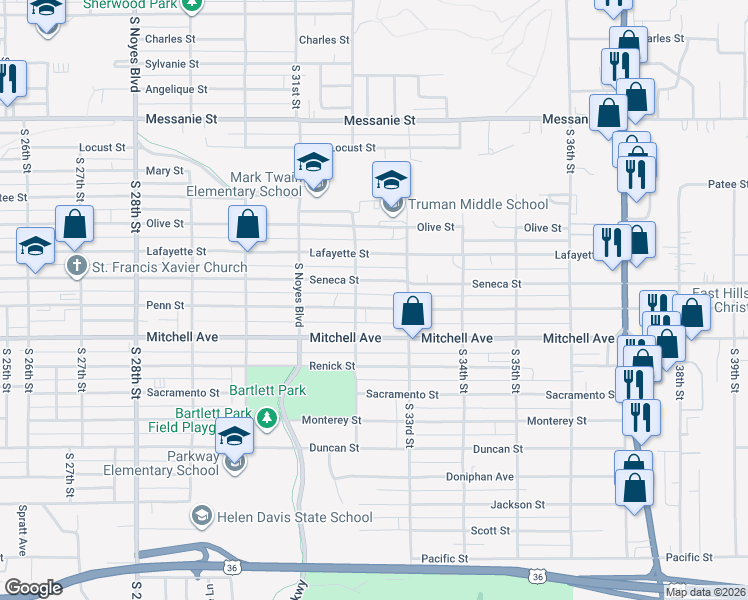 map of restaurants, bars, coffee shops, grocery stores, and more near 3202 Penn Street in Saint Joseph