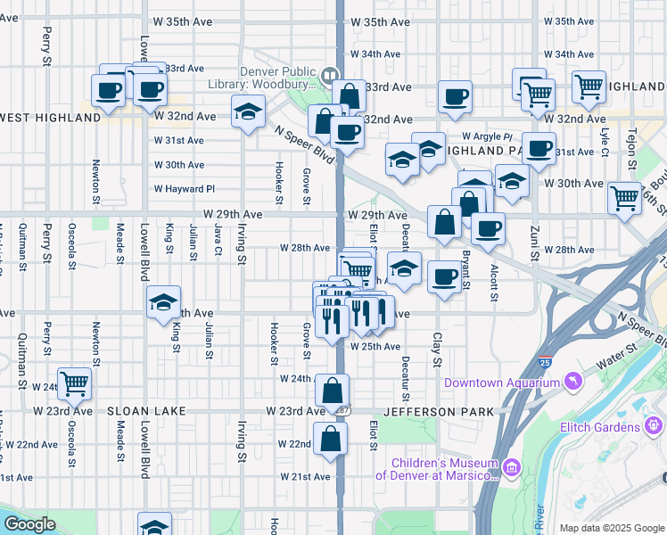 map of restaurants, bars, coffee shops, grocery stores, and more near 2701 Federal Boulevard in Denver