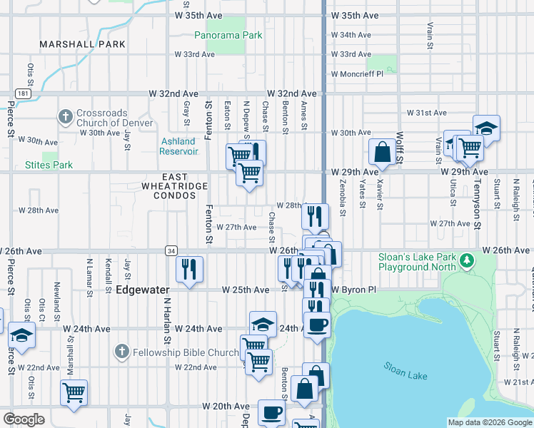 map of restaurants, bars, coffee shops, grocery stores, and more near 5521 West 27th Avenue in Wheat Ridge