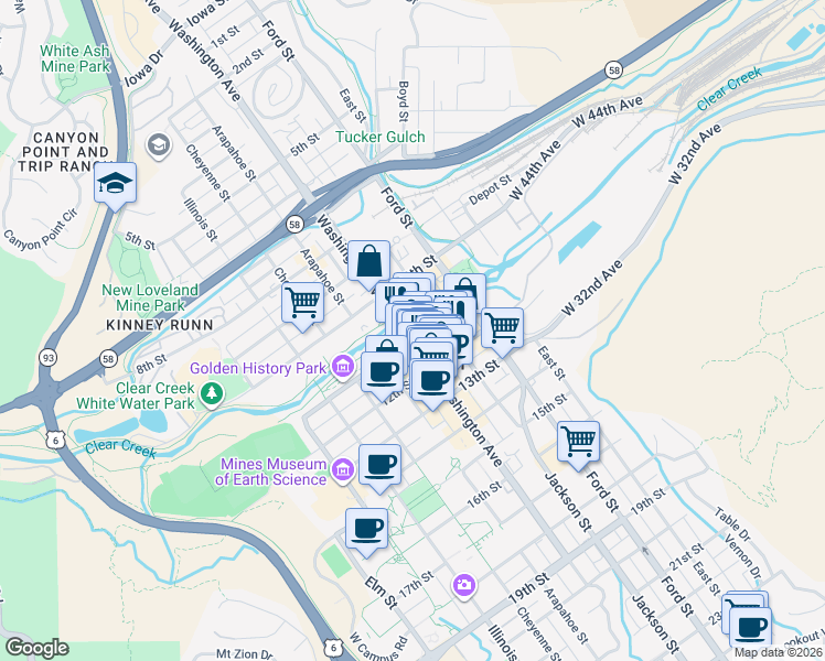 map of restaurants, bars, coffee shops, grocery stores, and more near 1104 Washington Avenue in Golden