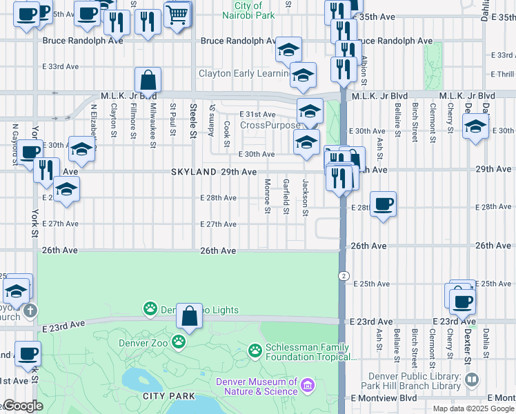 map of restaurants, bars, coffee shops, grocery stores, and more near 2740 Madison Street in Denver