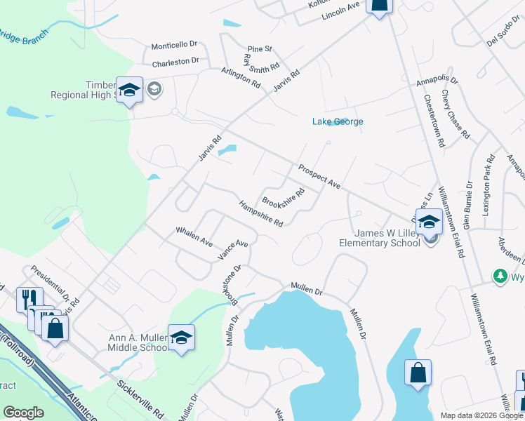 map of restaurants, bars, coffee shops, grocery stores, and more near 128 Hampshire Road in Sicklerville