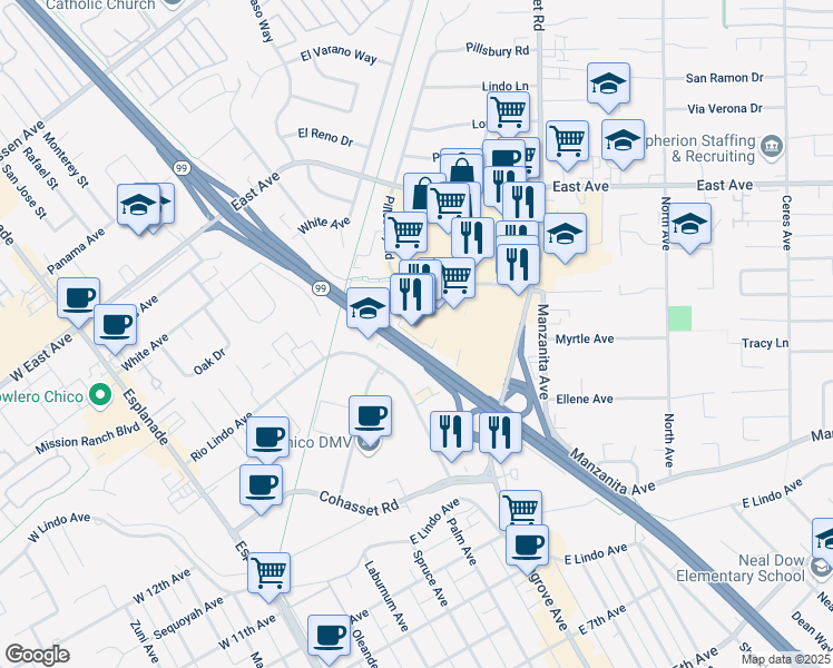 map of restaurants, bars, coffee shops, grocery stores, and more near 2201 Pillsbury Road in Chico