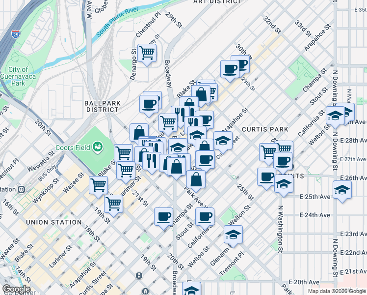 map of restaurants, bars, coffee shops, grocery stores, and more near in Denver
