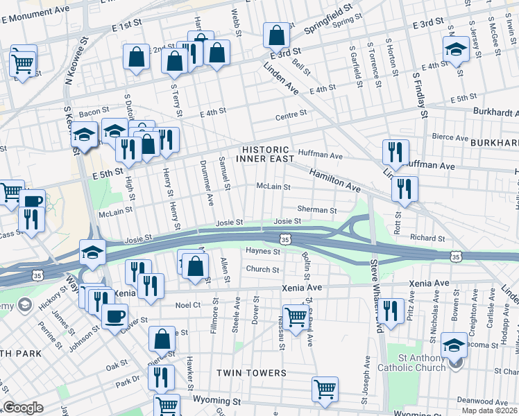 map of restaurants, bars, coffee shops, grocery stores, and more near 163 Boltin Street in Dayton