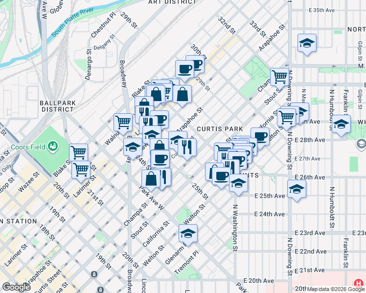 map of restaurants, bars, coffee shops, grocery stores, and more near 26th Street in Denver