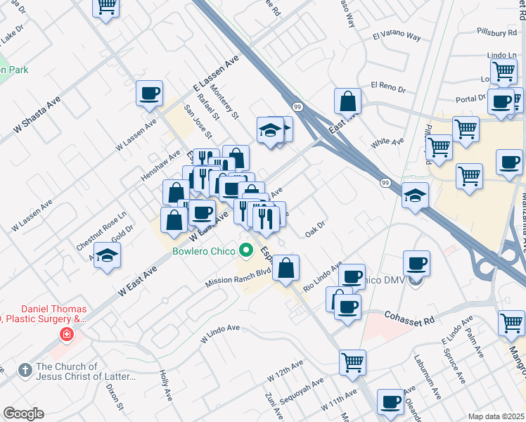 map of restaurants, bars, coffee shops, grocery stores, and more near 181 Connors Avenue in Chico