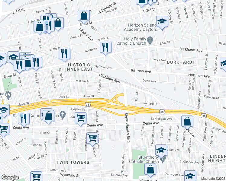 map of restaurants, bars, coffee shops, grocery stores, and more near 217 Sherman Street in Dayton