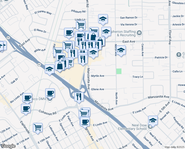 map of restaurants, bars, coffee shops, grocery stores, and more near 958 Myrtle Avenue in Chico
