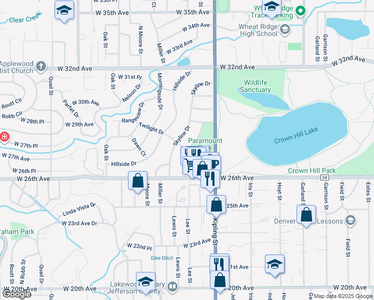 map of restaurants, bars, coffee shops, grocery stores, and more near 2800 Paramount Parkway in Wheat Ridge