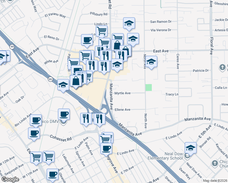 map of restaurants, bars, coffee shops, grocery stores, and more near 954 Myrtle Avenue in Chico