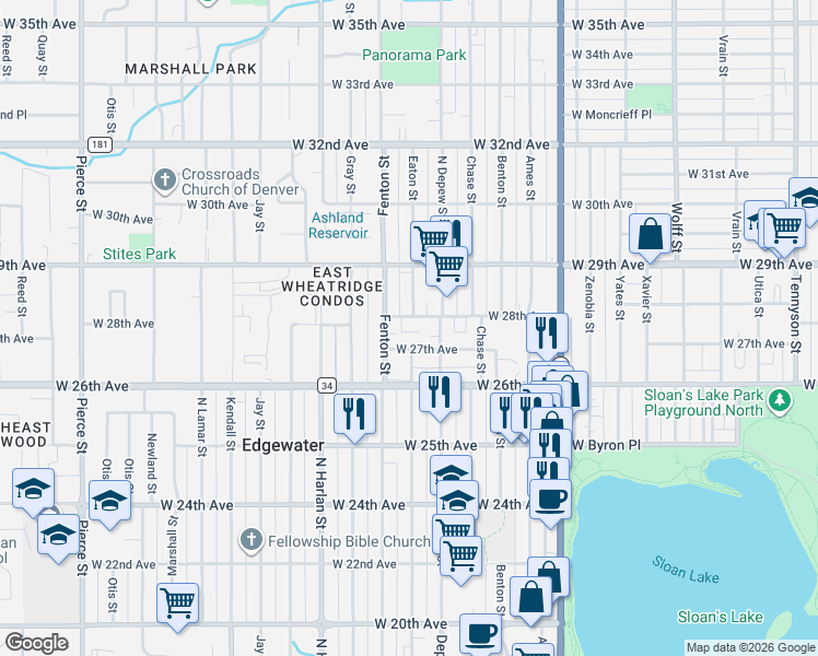 map of restaurants, bars, coffee shops, grocery stores, and more near 5700 West 28th Avenue in Wheat Ridge