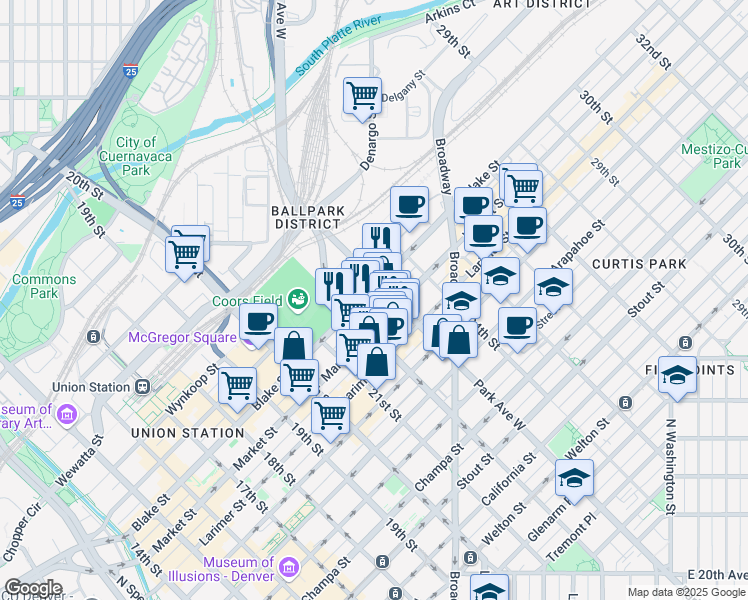 map of restaurants, bars, coffee shops, grocery stores, and more near 2240 Blake Street in Denver