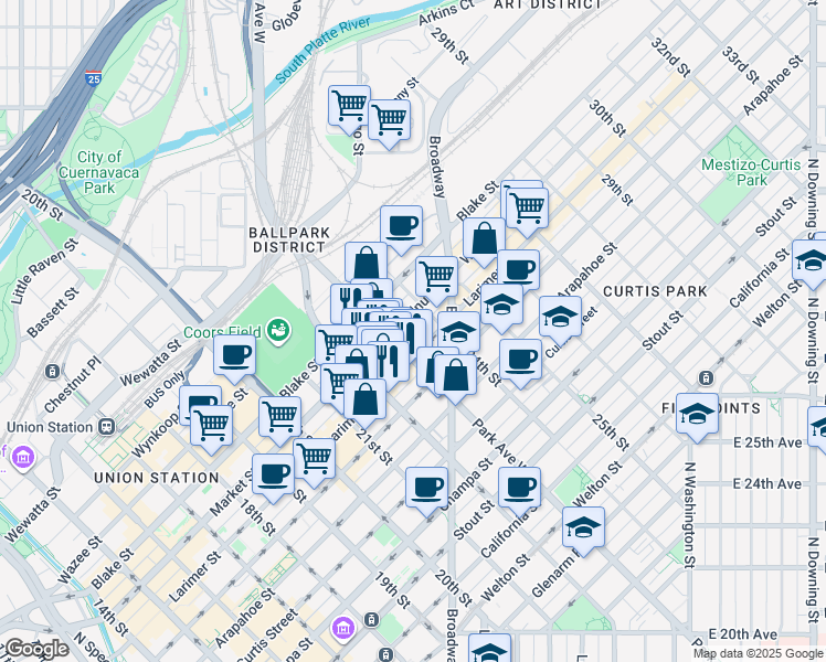 map of restaurants, bars, coffee shops, grocery stores, and more near 1734 Walnut Street in Denver