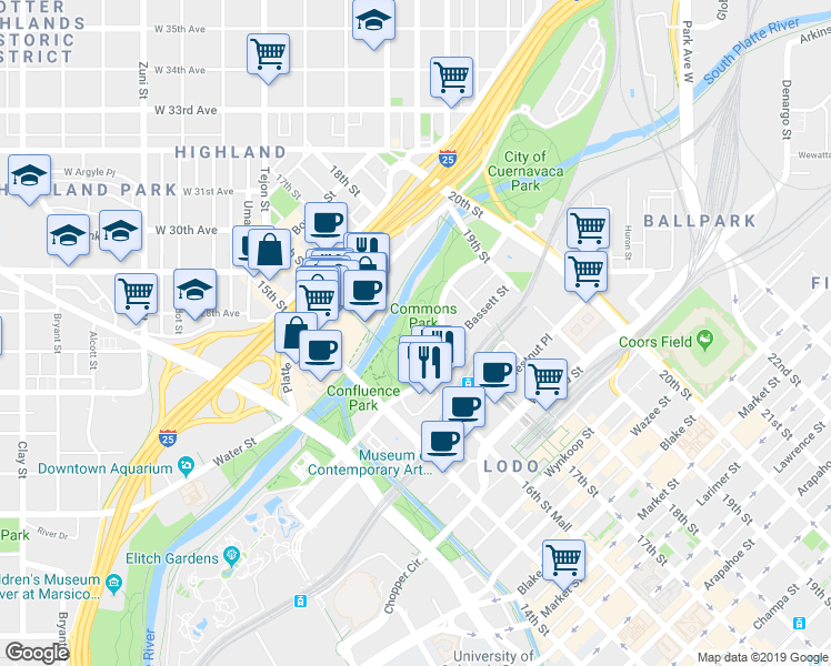 map of restaurants, bars, coffee shops, grocery stores, and more near 1550 Platte Street in Denver