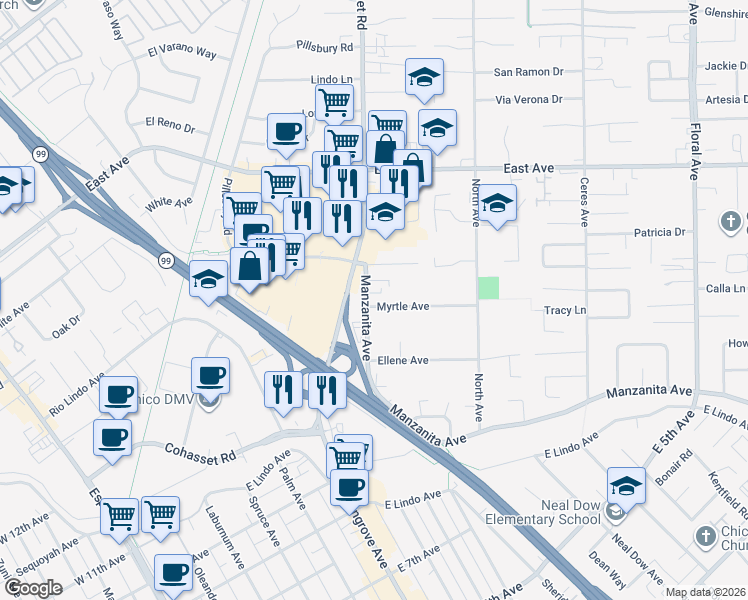 map of restaurants, bars, coffee shops, grocery stores, and more near 954 Myrtle Avenue in Chico