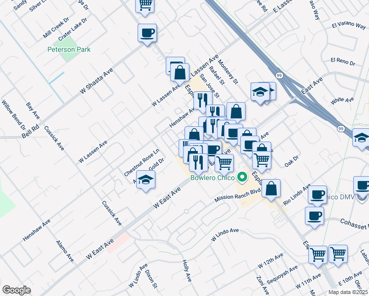 map of restaurants, bars, coffee shops, grocery stores, and more near 123 Henshaw Avenue in Chico