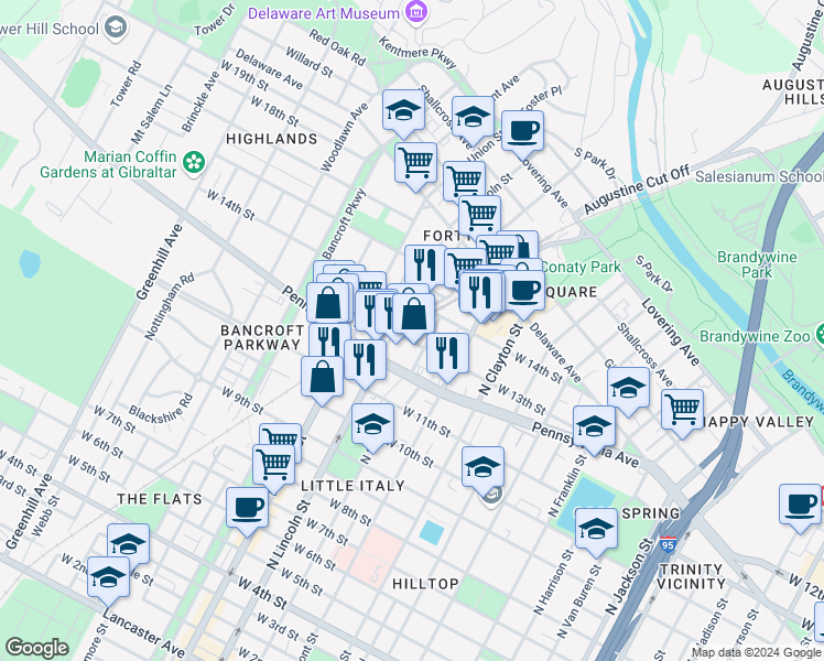 map of restaurants, bars, coffee shops, grocery stores, and more near 1207 North Scott Street in Wilmington