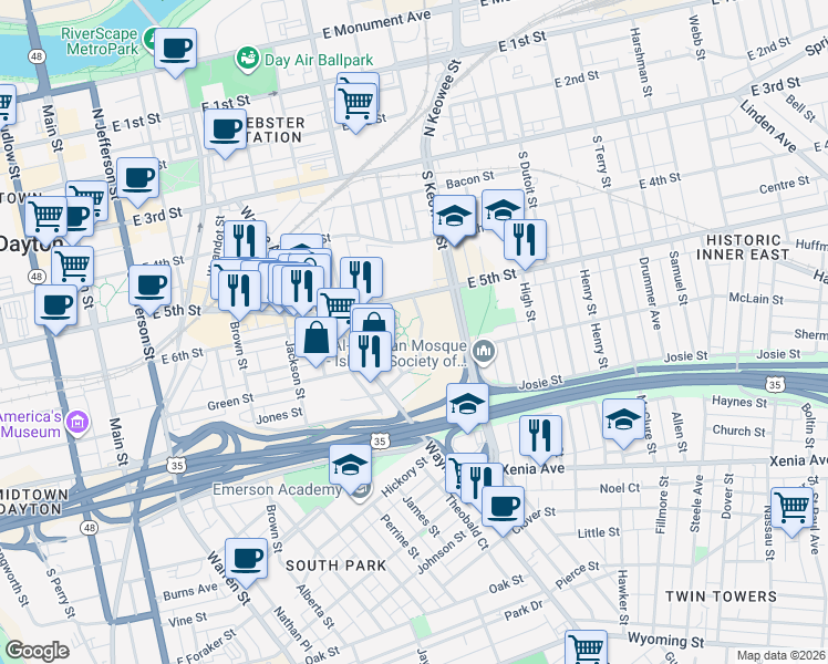map of restaurants, bars, coffee shops, grocery stores, and more near 425 Dayton Towers Drive in Dayton