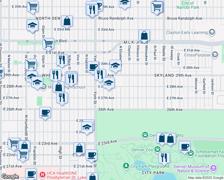 map of restaurants, bars, coffee shops, grocery stores, and more near Columbine Street in Denver