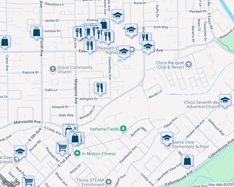 map of restaurants, bars, coffee shops, grocery stores, and more near 1462 Manzanita Avenue in Chico