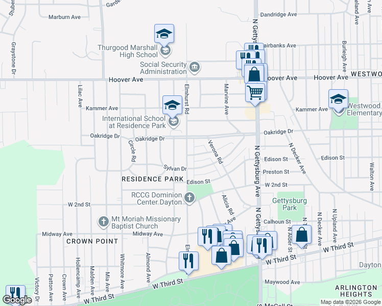 map of restaurants, bars, coffee shops, grocery stores, and more near 711 Elmhurst Road in Dayton