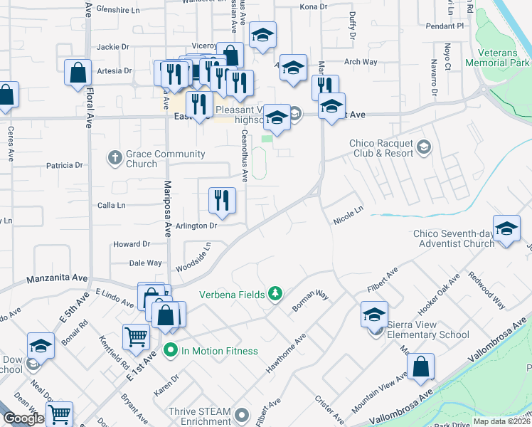 map of restaurants, bars, coffee shops, grocery stores, and more near 1464 Manzanita Avenue in Chico