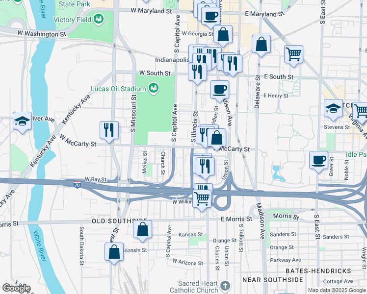 map of restaurants, bars, coffee shops, grocery stores, and more near W McCarty St & S Kenwood Ave in Indianapolis