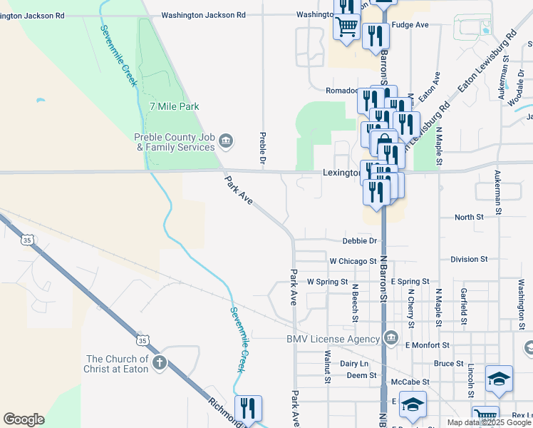 map of restaurants, bars, coffee shops, grocery stores, and more near Park Avenue in Eaton