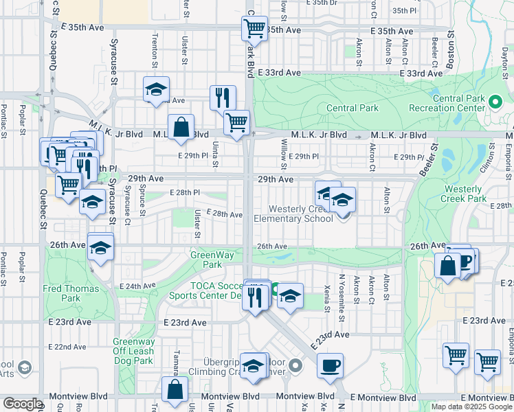 map of restaurants, bars, coffee shops, grocery stores, and more near 2758 Central Park Boulevard in Denver
