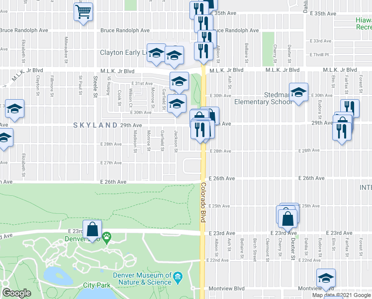 map of restaurants, bars, coffee shops, grocery stores, and more near 3983 Haddon Road in Denver