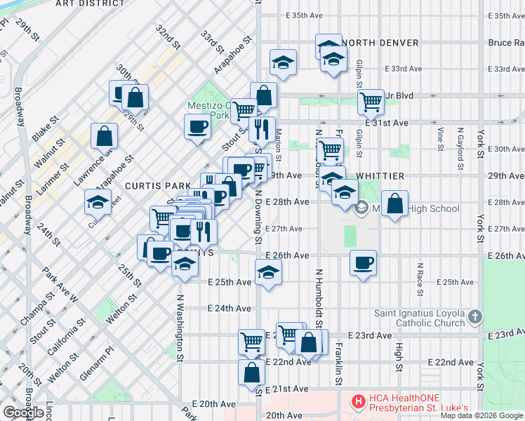 map of restaurants, bars, coffee shops, grocery stores, and more near 2710 North Downing Street in Denver