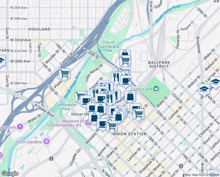 map of restaurants, bars, coffee shops, grocery stores, and more near in Denver