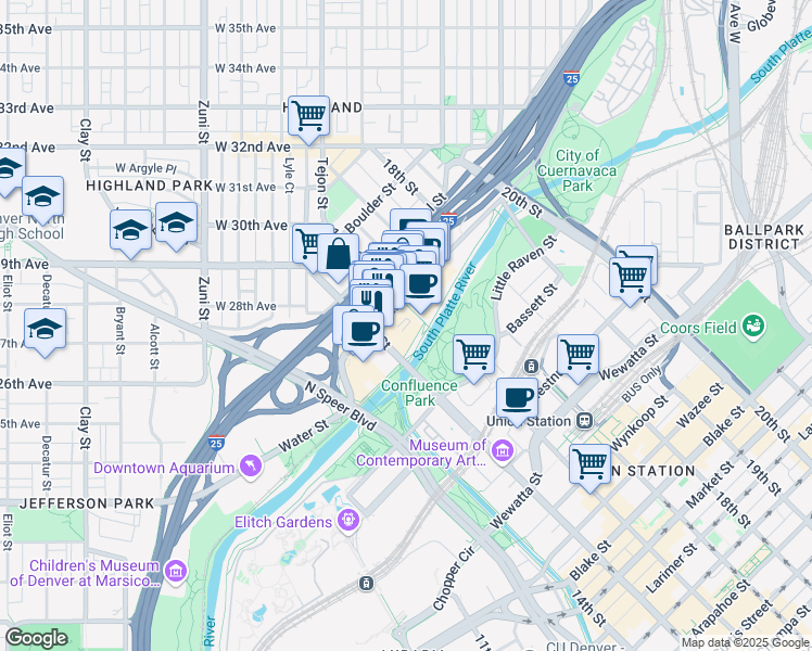map of restaurants, bars, coffee shops, grocery stores, and more near 1548 Platte Street in Denver