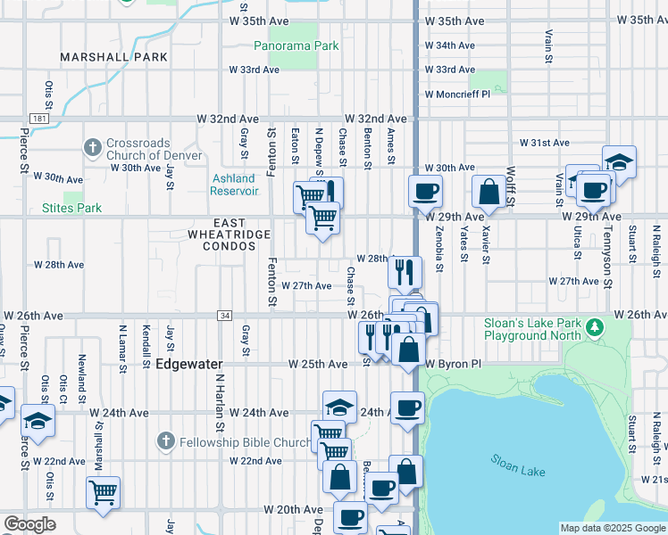 map of restaurants, bars, coffee shops, grocery stores, and more near 5521 West 27th Avenue in Wheat Ridge