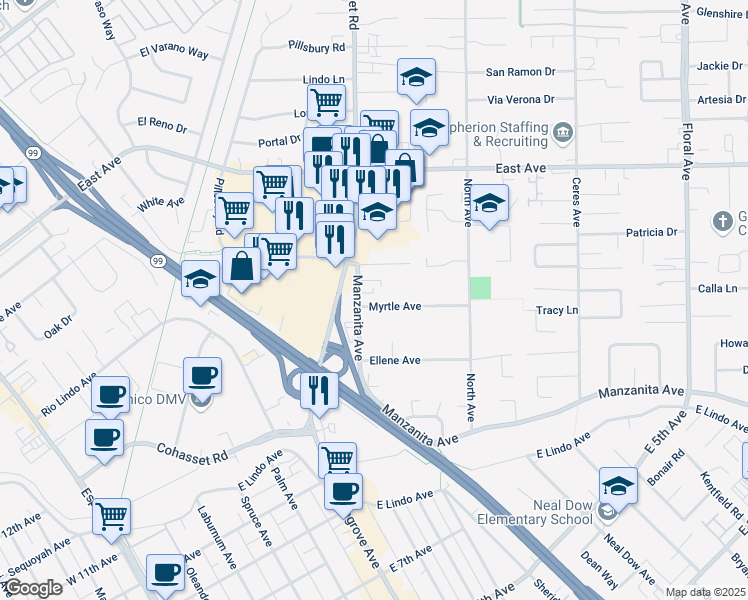 map of restaurants, bars, coffee shops, grocery stores, and more near 963 Myrtle Avenue in Chico