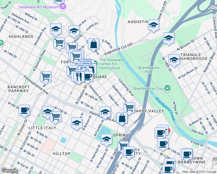 map of restaurants, bars, coffee shops, grocery stores, and more near 1604 North Broom Street in Wilmington