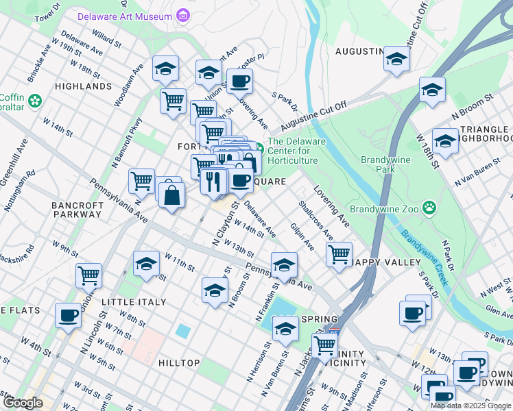 map of restaurants, bars, coffee shops, grocery stores, and more near 1500 Delaware Avenue in Wilmington