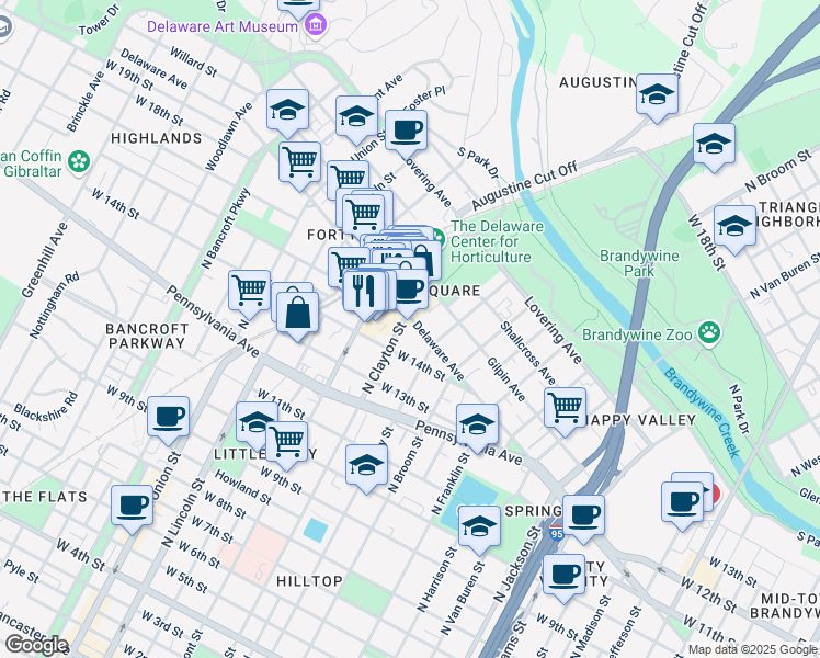map of restaurants, bars, coffee shops, grocery stores, and more near 1500 Delaware Avenue in Wilmington