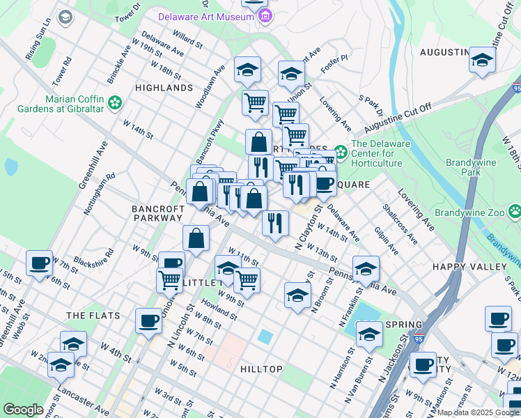 map of restaurants, bars, coffee shops, grocery stores, and more near 1207 North Scott Street in Wilmington