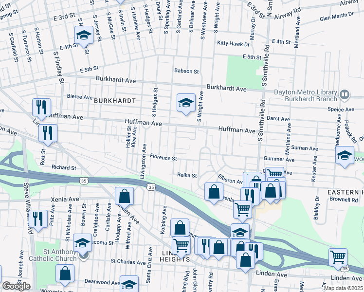 map of restaurants, bars, coffee shops, grocery stores, and more near 1347 Florence Avenue in Dayton