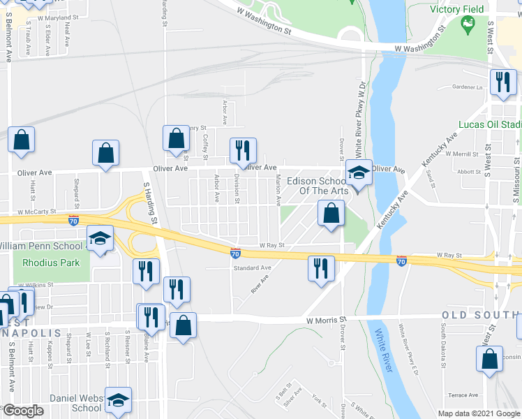 map of restaurants, bars, coffee shops, grocery stores, and more near 901 Warren Avenue in Indianapolis