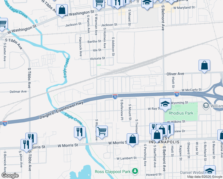 map of restaurants, bars, coffee shops, grocery stores, and more near 749 South Holmes Avenue in Indianapolis