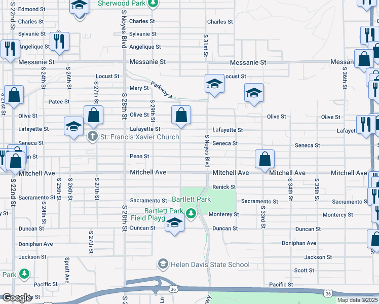 map of restaurants, bars, coffee shops, grocery stores, and more near 3006 Penn Street in Saint Joseph