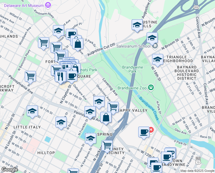 map of restaurants, bars, coffee shops, grocery stores, and more near 1763 Hancock Street in Wilmington